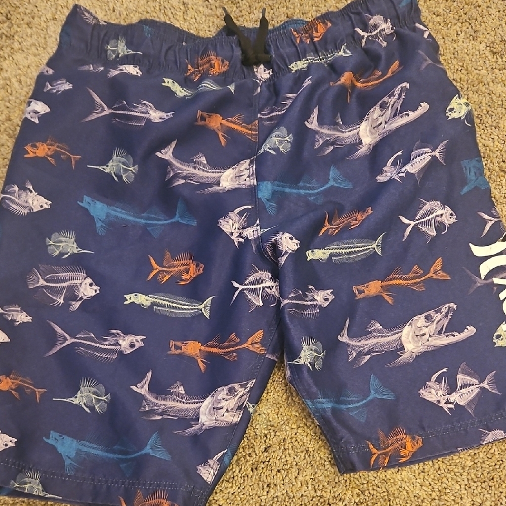 Boys 7/8 Blue Fish Print Swim Shorts HURLEY